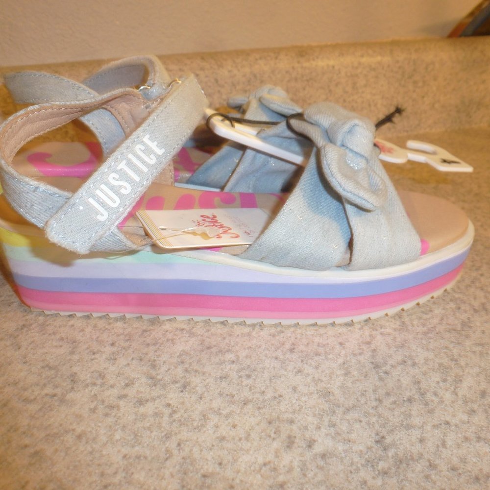 Justice Sandals Girls Rainbow Denim Knot Now Tie Open Toe Wedge Sz 4